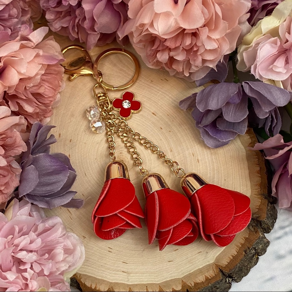 Red Triple Rose Keychain Charm - Picture 8 of 12